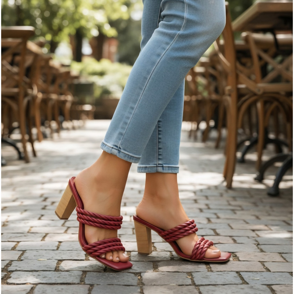 JOIE Giulianna LEATHER Braided Strappy Mule Wood Block Heel Sandals 8 M Wine Red